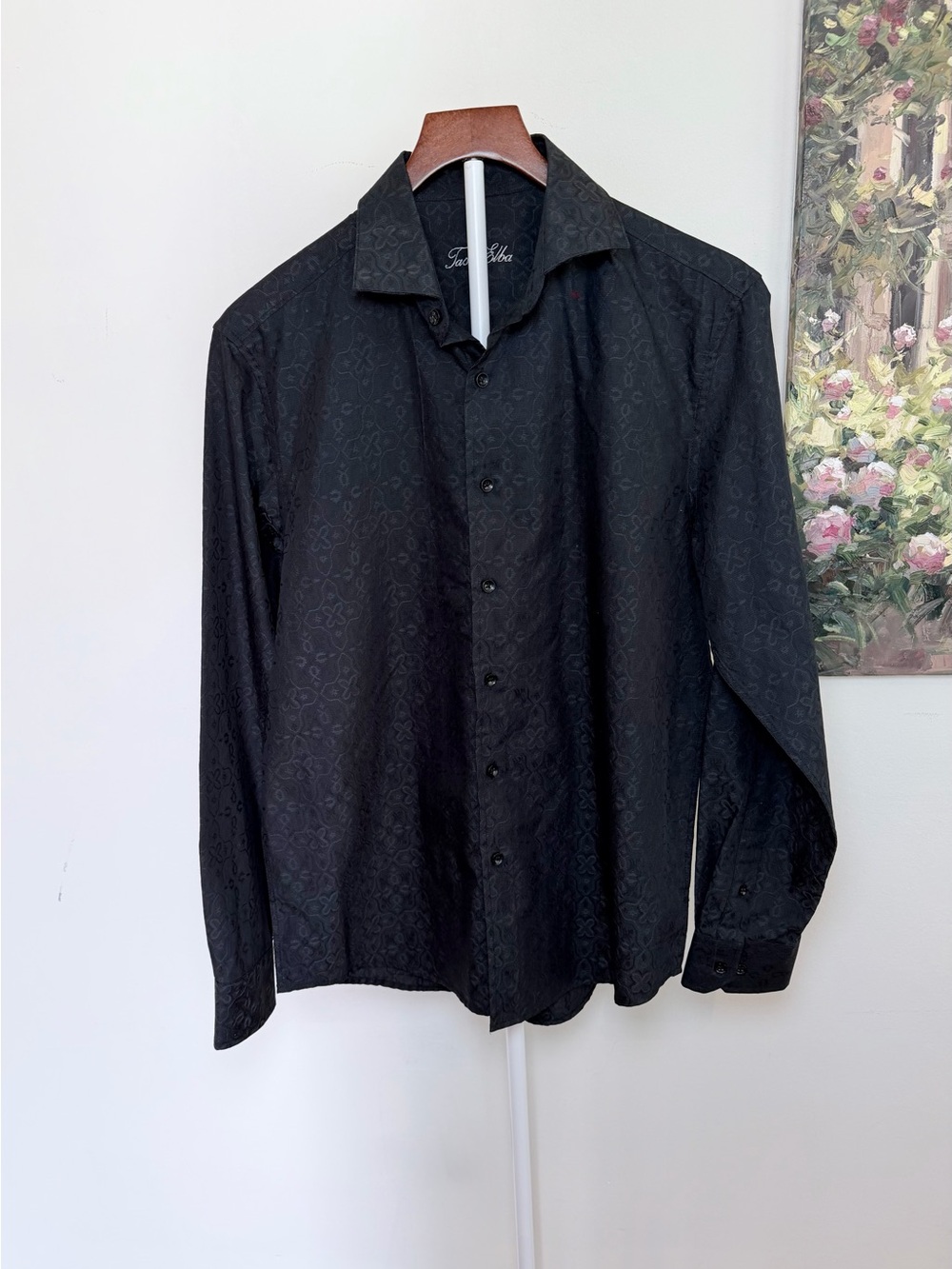 Tasso Elba Men’s Black Jacquard Floral Button-Down Shirt Small 14/14.5